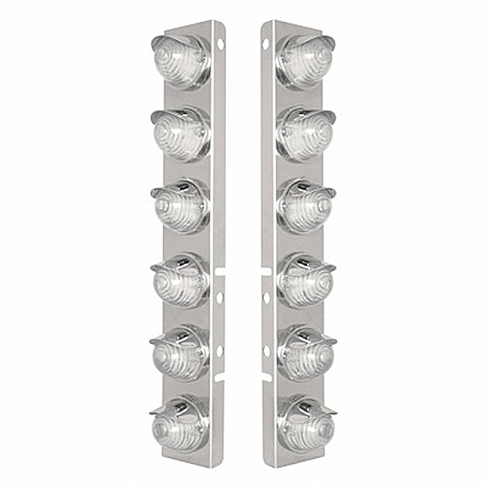 SS Front Air Cleaner Bracket w 12 X 17 LED Beehive Lights & SS Visors For Peterbilt - Amber LEDs (Amber or Clear Lens)