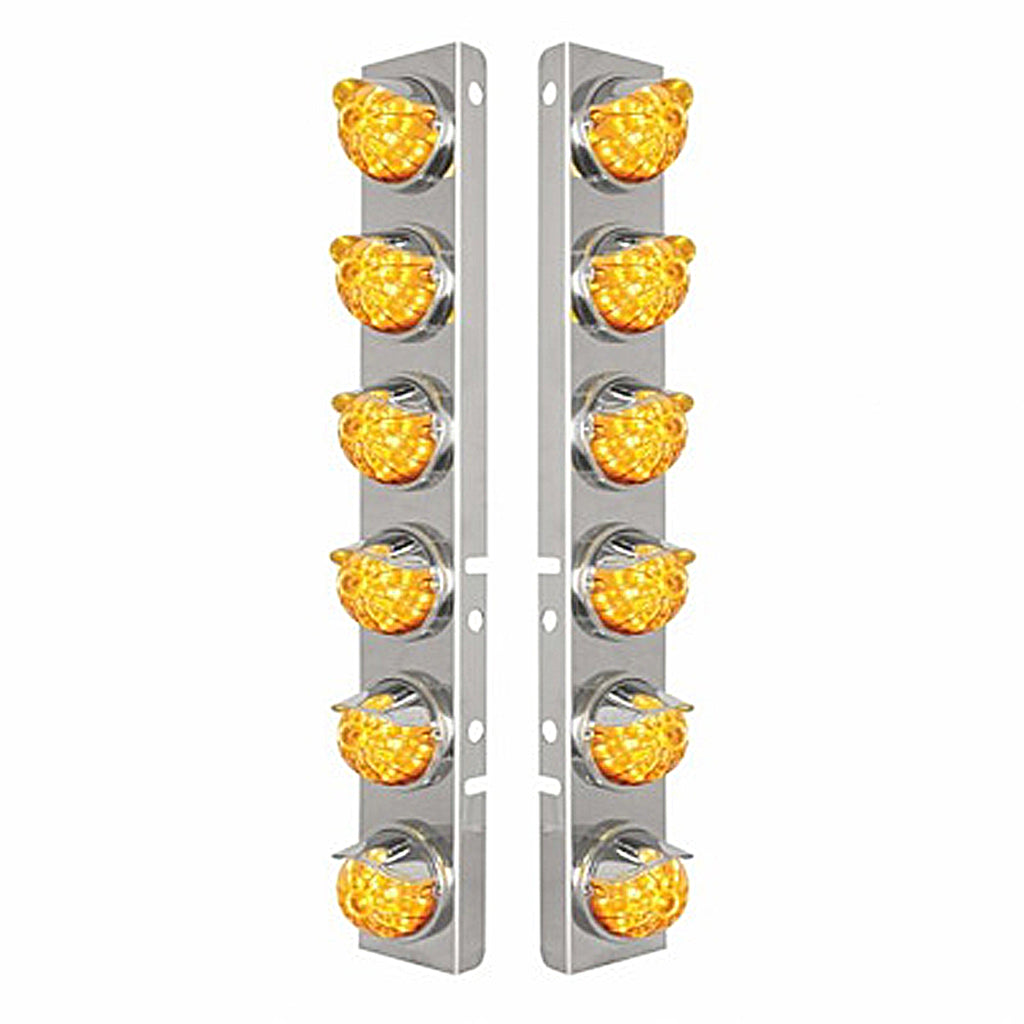 SS Front Air Cleaner Bracket W/12X 17 LED Watermelon Lights & SS Visors For Peterbilt - Amber LEDs (Amber or Clear Lens)