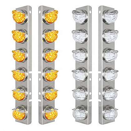 SS Front Air Cleaner Bracket W/12X 17 LED Watermelon Lights & SS Visors For Peterbilt - Amber LEDs (Amber or Clear Lens)