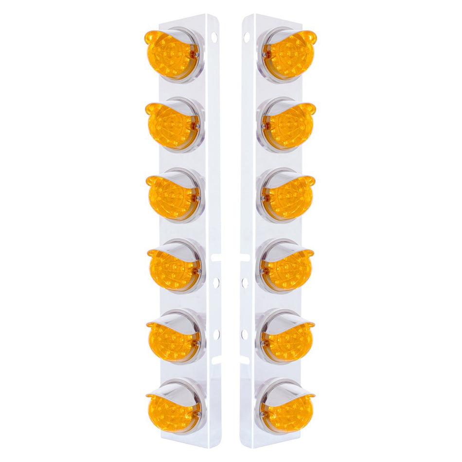 SS Front Air Cleaner Bracket w 12 X 17 LED Dual Function Reflector Lights & SS Visors For Peterbilt - Amber LEDs (Amber or Clear Lens)