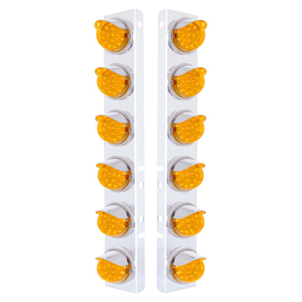SS Front Air Cleaner Bracket w 12 X 17 LED Dual Function Reflector Lights & SS Visors For Peterbilt - Amber LEDs (Amber or Clear Lens)