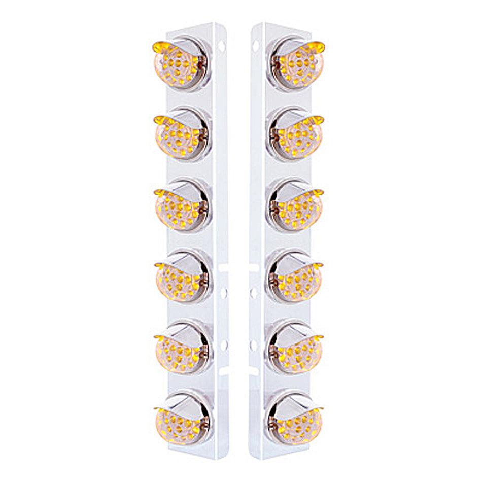 SS Front Air Cleaner Bracket w 12 X 17 LED Dual Function Reflector Lights & SS Visors For Peterbilt - Amber LEDs (Amber or Clear Lens)
