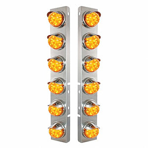 SS Front Air Cleaner Bracket w 12 X 17 LED Dual Func. Watermelon Lights & SS Visors For Peterbilt - Amber LEDs (Amber or Clear Lens)
