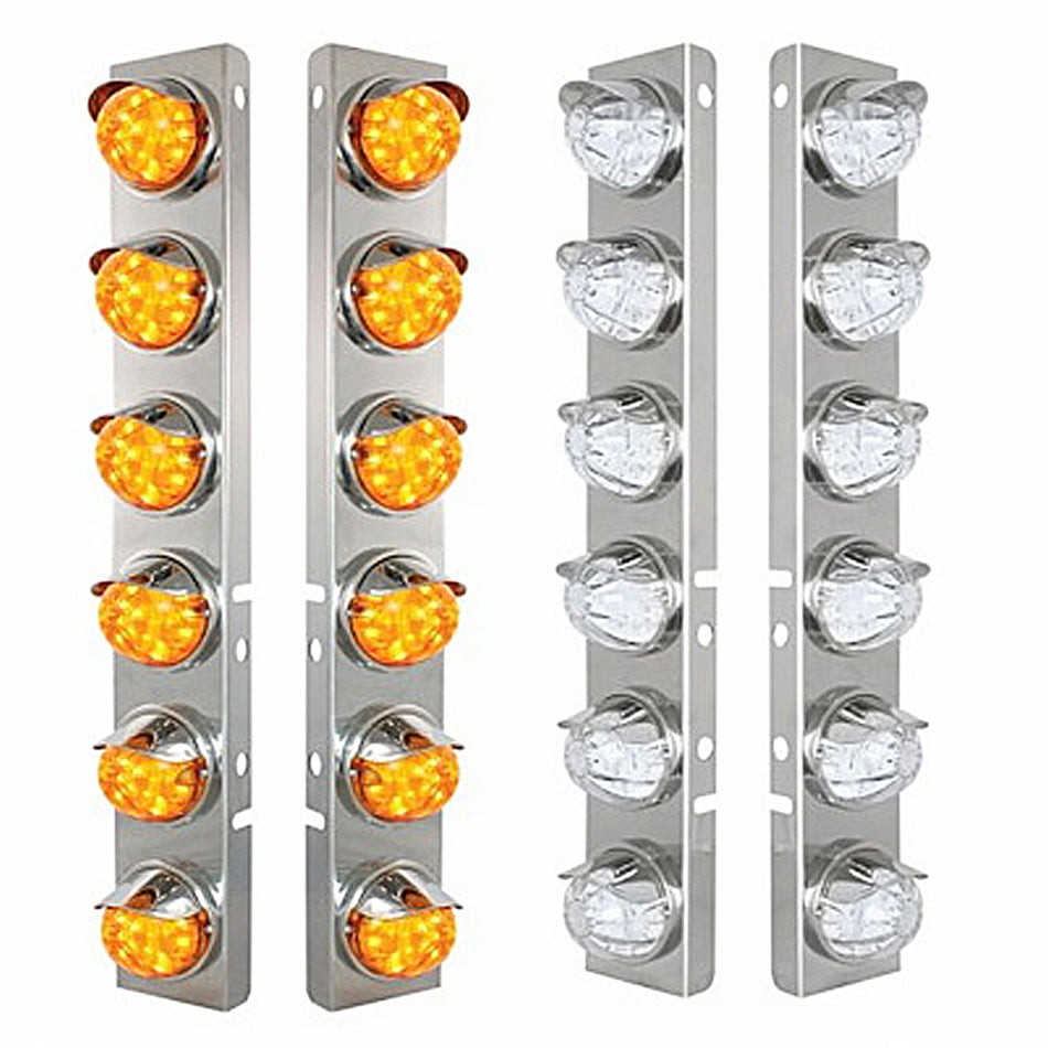 SS Front Air Cleaner Bracket w 12 X 17 LED Dual Function Reflector Lights & SS Visors For Peterbilt - Amber LEDs (Amber or Clear Lens)