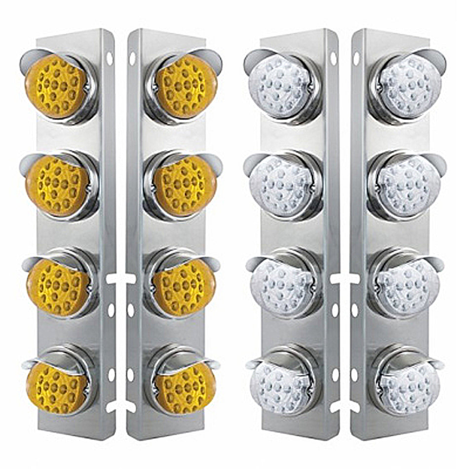 SS Front Air Cleaner Bracket w 8 X 17 LED Reflector Lights & SS Visors For Peterbilt - Amber LEDS (Amber or Clear Lens)