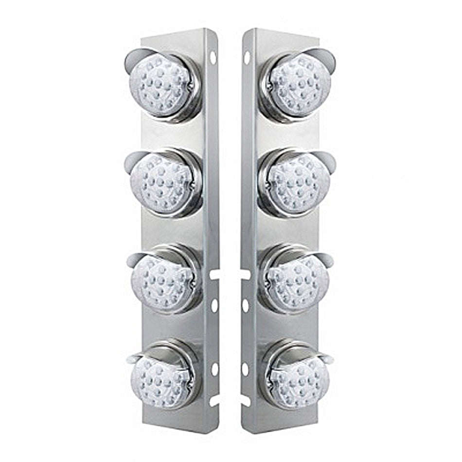 SS Front Air Cleaner Bracket w 8 X 17 LED Reflector Lights & SS Visors For Peterbilt - Amber LEDS (Amber or Clear Lens)