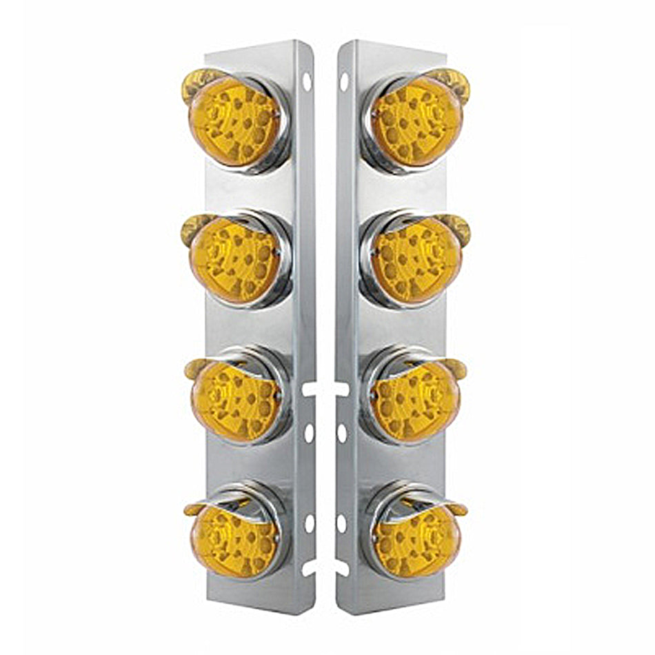 SS Front Air Cleaner Bracket w 8 X 17 LED Reflector Watermelon Lights & SS Visors For Peterbilt - Amber LEDs (Amber or Clear Lens)