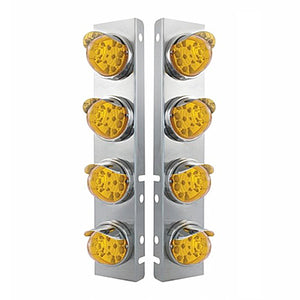 SS Front Air Cleaner Bracket w 8 X 17 LED Reflector Watermelon Lights & SS Visors For Peterbilt - Amber LEDs (Amber or Clear Lens)