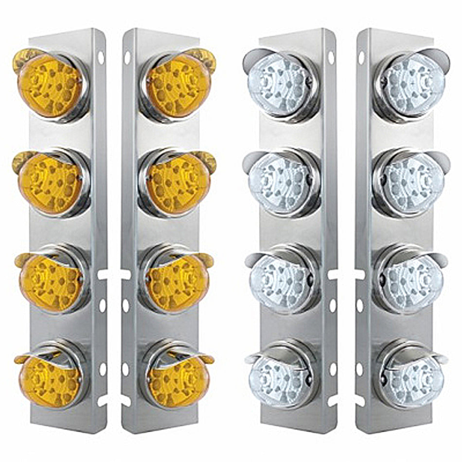 SS Front Air Cleaner Bracket w 8 X 17 LED Reflector Watermelon Lights & SS Visors For Peterbilt - Amber LEDs (Amber or Clear Lens)