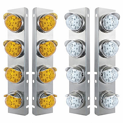 SS Front Air Cleaner Bracket w 8 X 17 LED Reflector Watermelon Lights & SS Visors For Peterbilt - Amber LEDs (Amber or Clear Lens)