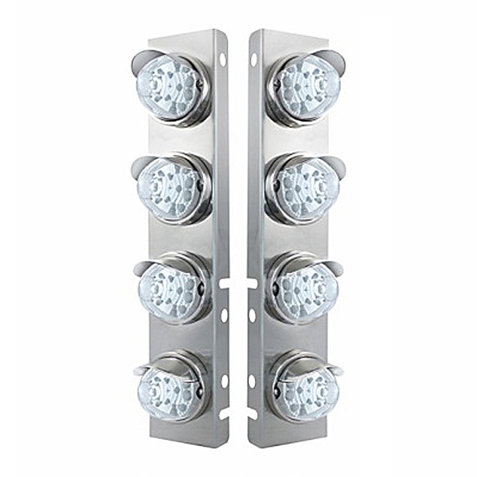 SS Front Air Cleaner Bracket w 8 X 17 LED Reflector Watermelon Lights & SS Visors For Peterbilt - Amber LEDs (Amber or Clear Lens)
