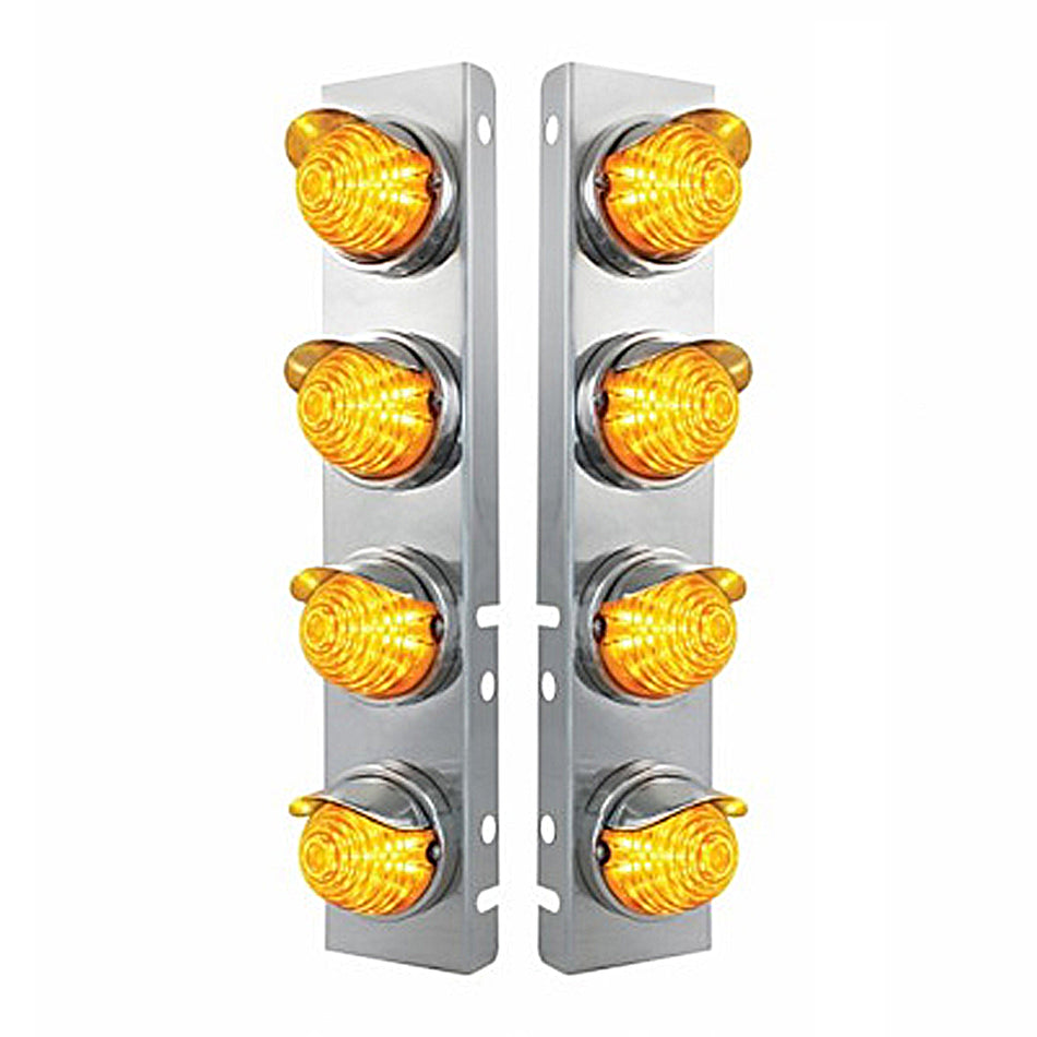 Stainless Steel Front Air Cleaner Bracket w 8 X 17 LED Beehive Lights & SS Visors For Peterbilt - Amber LEDs (Amber or Clear Lens)