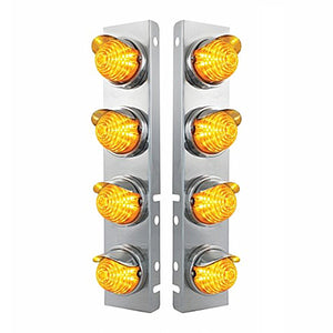 SS Front Air Cleaner Bracket w 8 X 17 LED Beehive Lights & SS Visors For Peterbilt - Amber LEDs (Amber or Clear Lens)