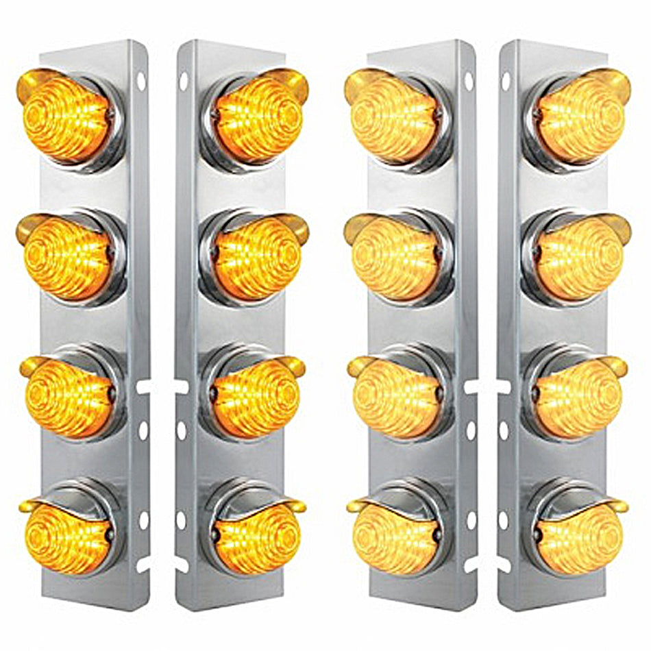 Stainless Steel Front Air Cleaner Bracket w 8 X 17 LED Beehive Lights & SS Visors For Peterbilt - Amber LEDs (Amber or Clear Lens)