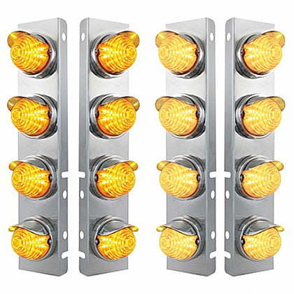 SS Front Air Cleaner Bracket w 8 X 17 LED Beehive Lights & SS Visors For Peterbilt - Amber LEDs (Amber or Clear Lens)