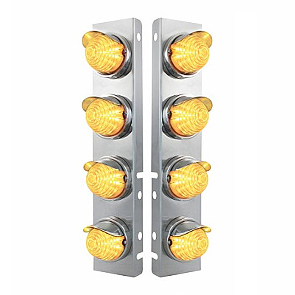 Stainless Steel Front Air Cleaner Bracket w 8 X 17 LED Beehive Lights & SS Visors For Peterbilt - Amber LEDs (Amber or Clear Lens)