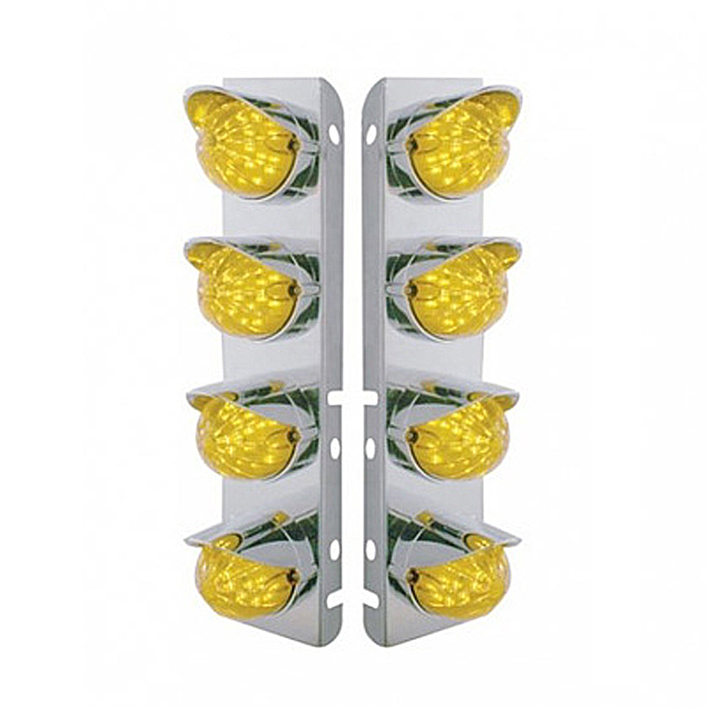 SS Front Air Cleaner Bracket w 8 X 17 LED Watermelon Lights & SS Visors For Peterbilt - Amber LEDs (Amber or Clear Lens)