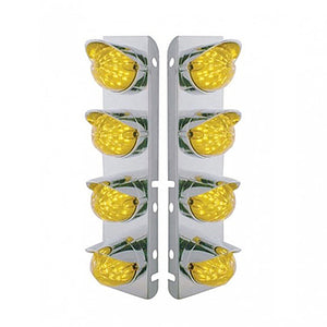 SS Front Air Cleaner Bracket w 8 X 17 LED Watermelon Lights & SS Visors For Peterbilt - Amber LEDs (Amber or Clear Lens)
