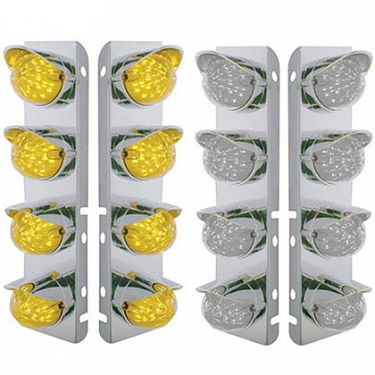 SS Front Air Cleaner Bracket w 8 X 17 LED Watermelon Lights & SS Visors For Peterbilt - Amber LEDs (Amber or Clear Lens)