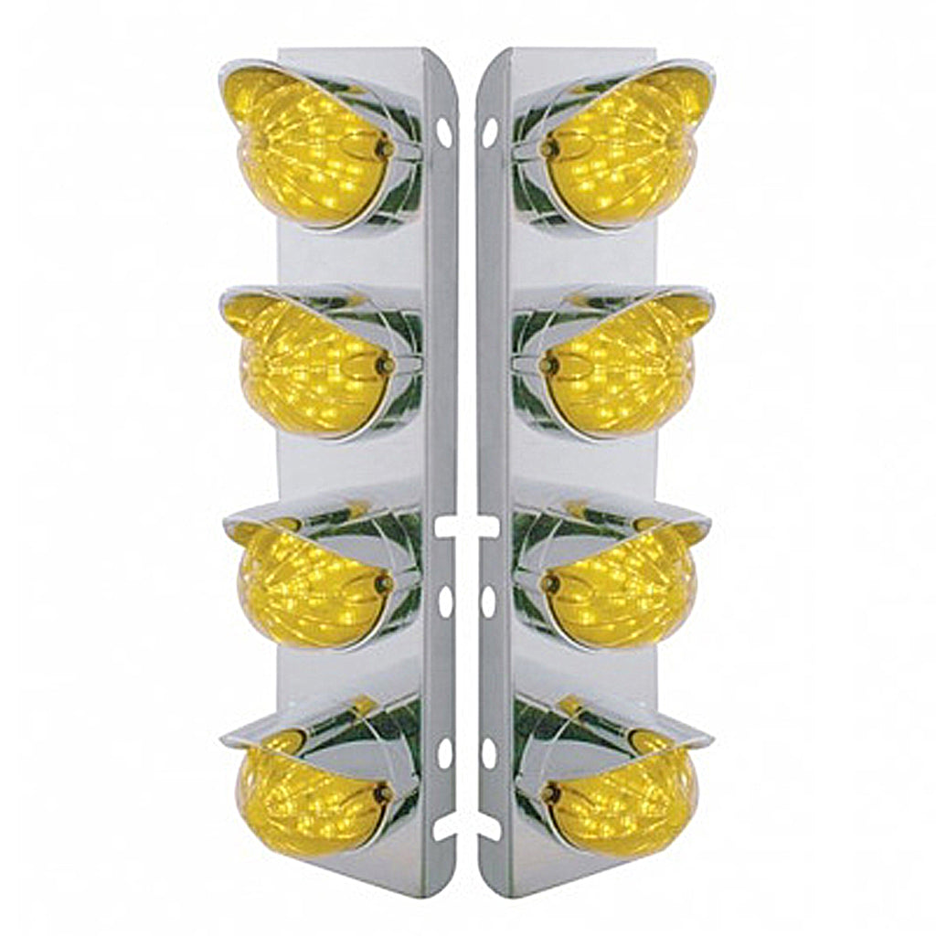 SS Front Air Cleaner Bracket w 8 X 17 LED Dual Function Reflector Lights & SS Visors For Peterbilt - Amber LEDs (Amber or Clear Lens)