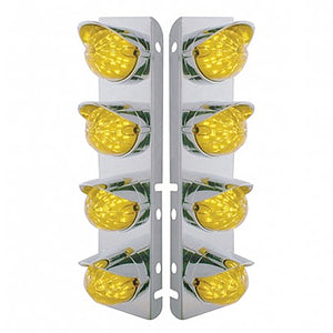 SS Front Air Cleaner Bracket w 8 X 17 LED Dual Function Reflector Lights & SS Visors For Peterbilt - Amber LEDs (Amber or Clear Lens)