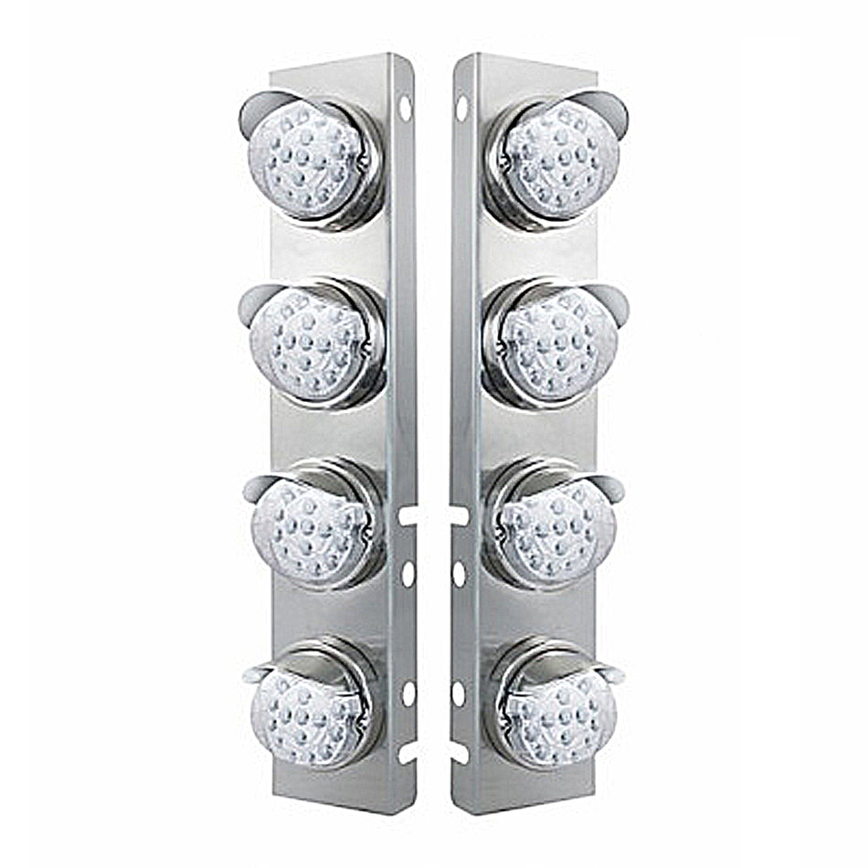 SS Front Air Cleaner Bracket w 8 X 17 LED Dual Function Reflector Lights & SS Visors For Peterbilt - Amber LEDs (Amber or Clear Lens)