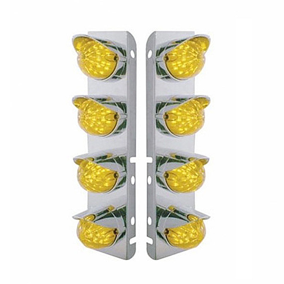 SS Front Air Cleaner Bracket With 8X 17 Amber LED Hi/Lo Watermelon Lights & SS Visors For Peterbilt - Amber LEDs (Amber or Clear Lens)
