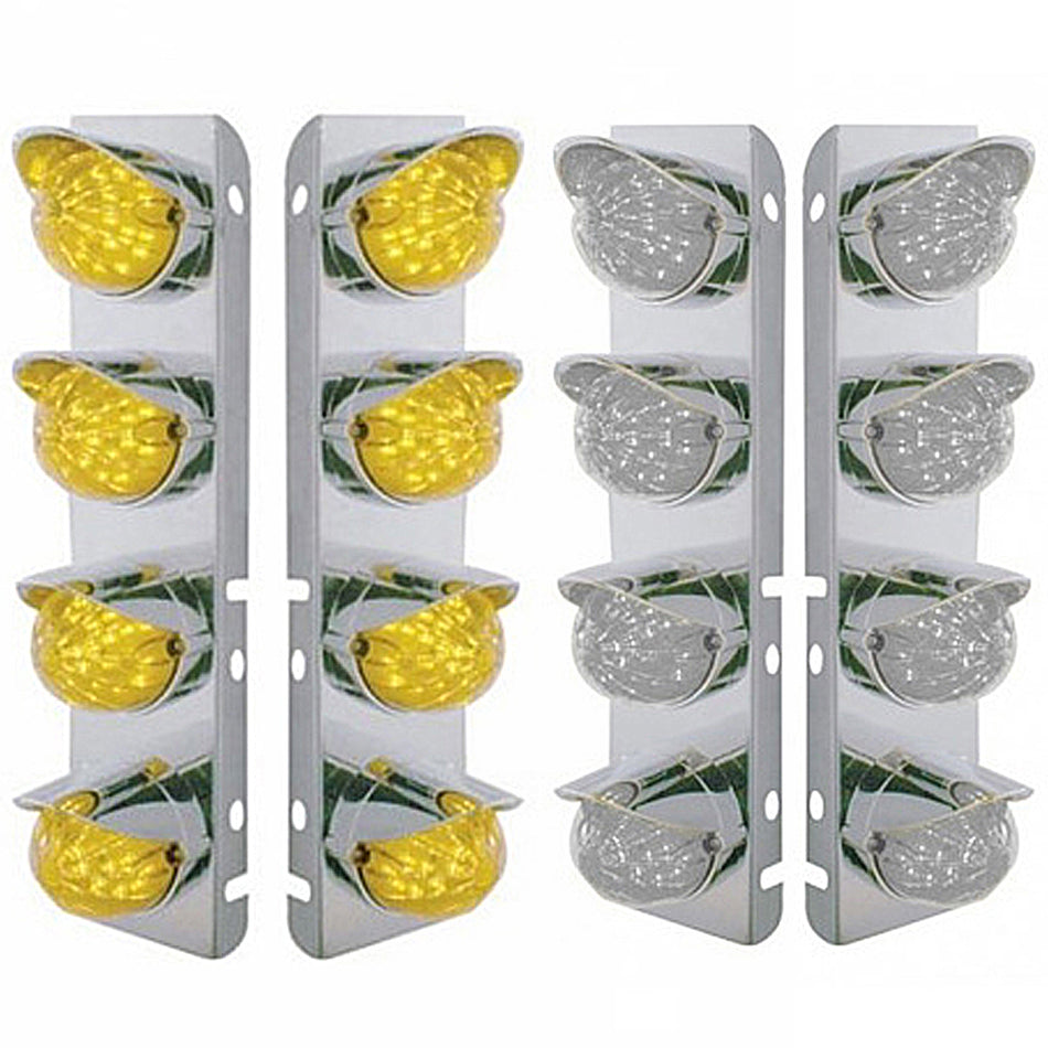 SS Front Air Cleaner Bracket With 8X 17 Amber LED Hi/Lo Watermelon Lights & SS Visors For Peterbilt - Amber LEDs (Amber or Clear Lens)