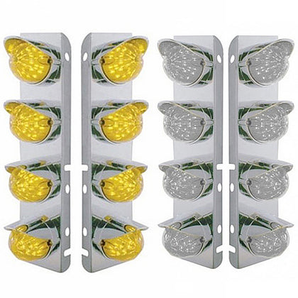 SS Front Air Cleaner Bracket With 8X 17 Amber LED Hi/Lo Watermelon Lights & SS Visors For Peterbilt - Amber LEDs (Amber or Clear Lens)