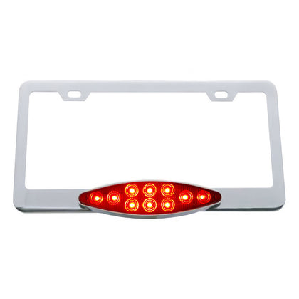 Chrome License Plate Frame With 10 LED Cats Eye Light - Red LEDs (Red Lens)