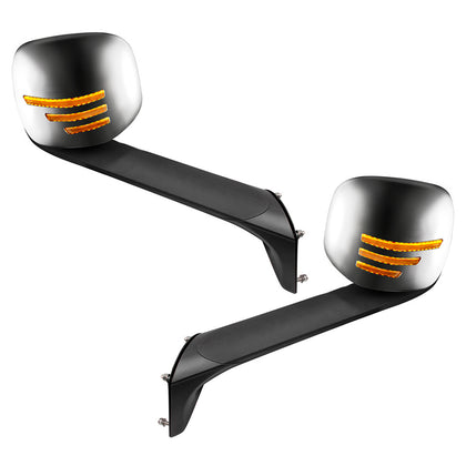 Heated Chrome Hood Mirror Assembly W/ Sequential LED Lights For 2018-2025 Freightliner Cascadia - Driver or Passenger Side