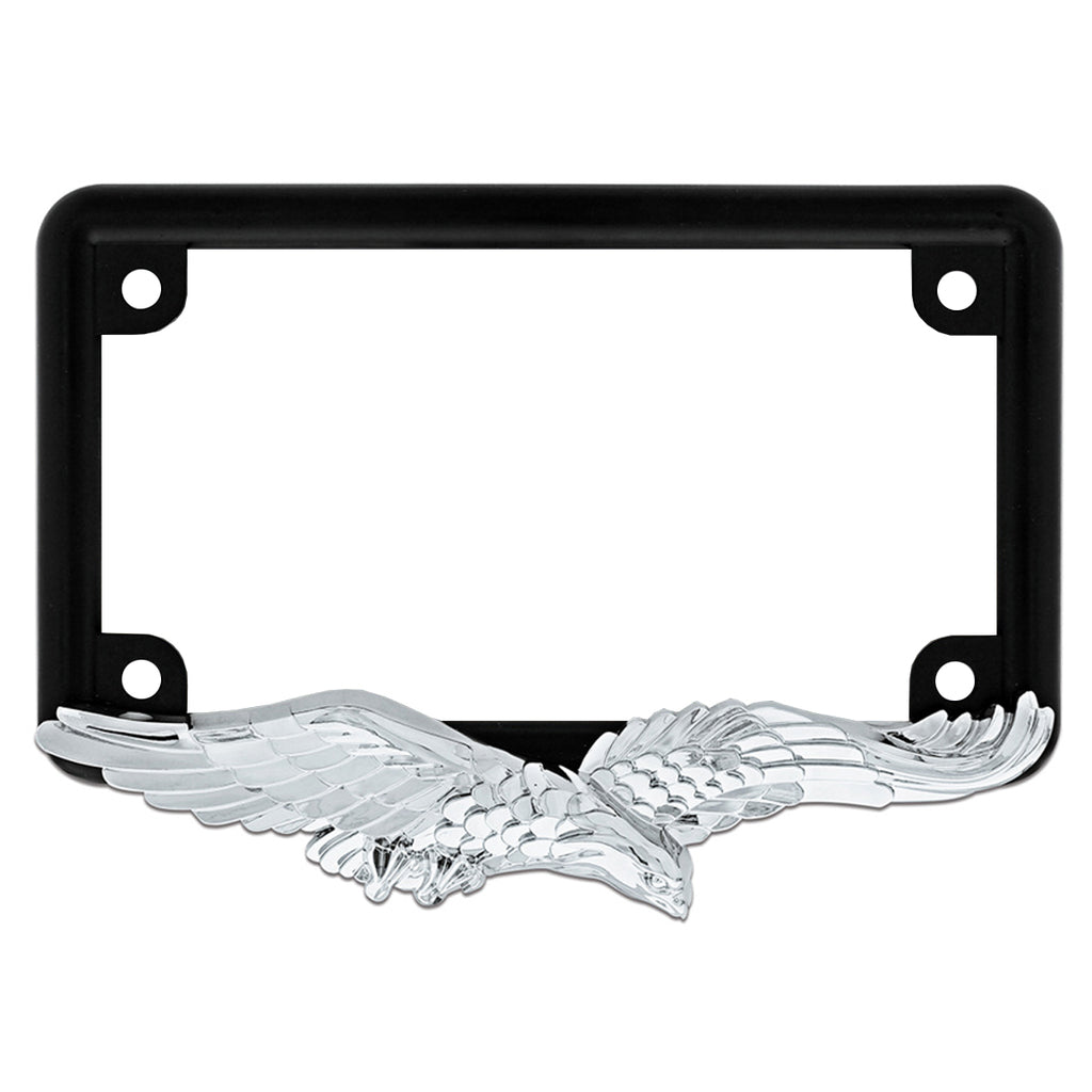 Eagle Motorcycle License Plate Frame - Chrome Eagle (Black Frame)