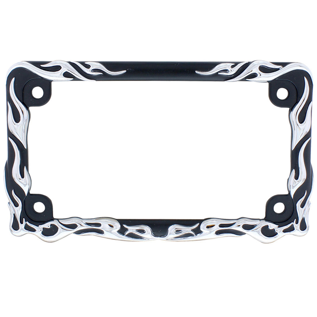 Motorcycle License Plate Frame - Chrome Flame (Black Frame)