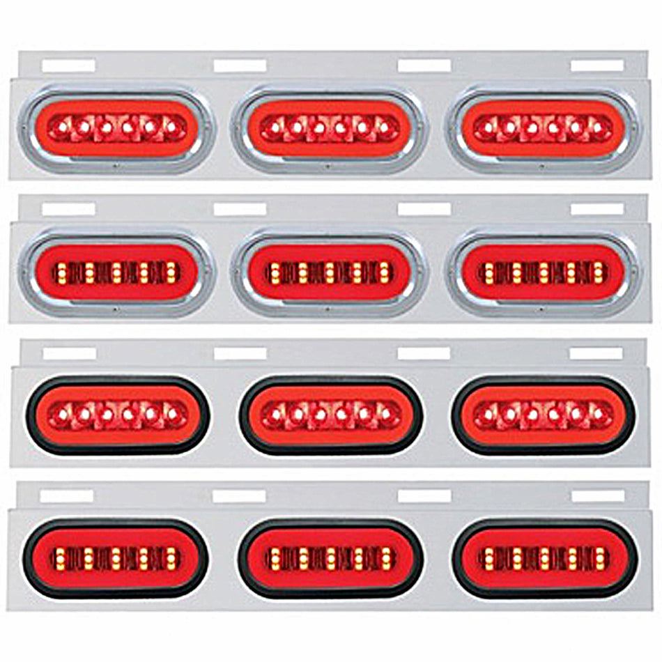 Stainless Top Mud Flap Bracket w 3 X 22 LED 6" Oval GloLight & Visors or Grommets - Red LEDs (Red or Clear Lens)