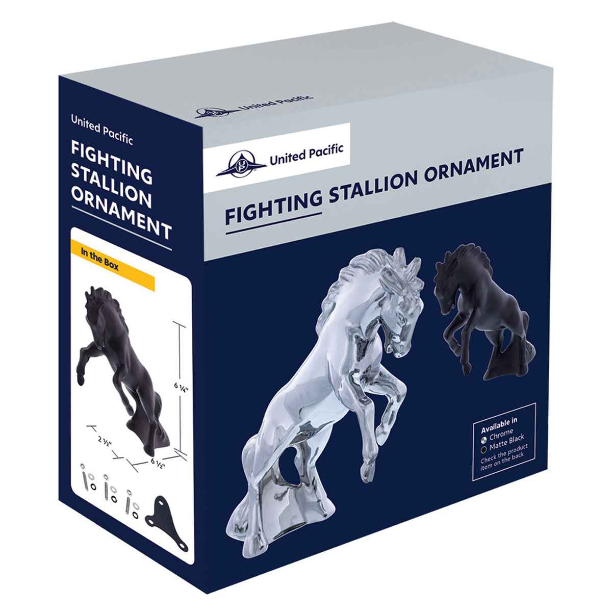 United Pacific - Chrome or Black Fighting Stallion Hood Ornament