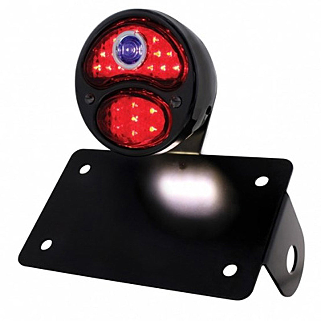 Black 1928 DUO Lamp & Blue Dot Style LED Tail Light Assembly With Horizontal Mounting Bracket For Motorcycle