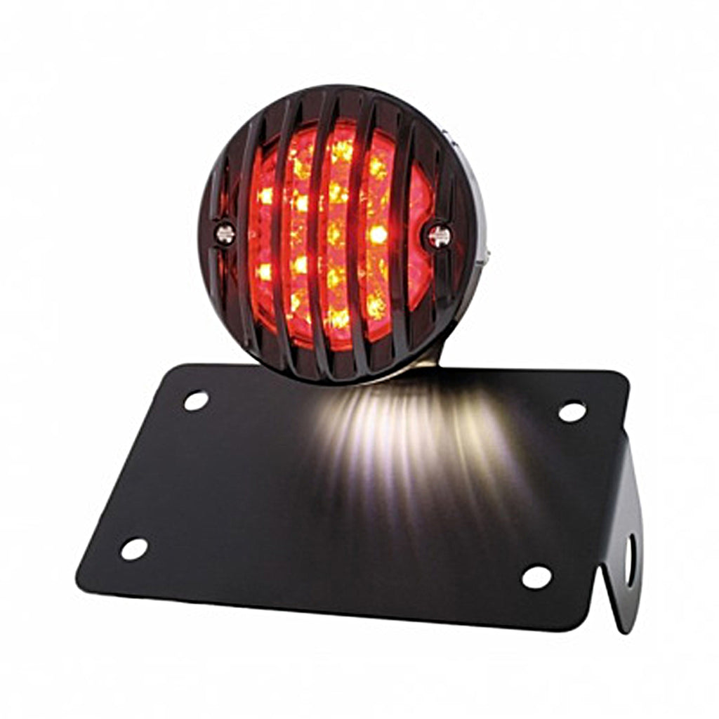 Motorcycle LED "Bobber" Style Horizontal Tail Light With Black Grille Bezel - Red LEDs (Red or Smoked Lens)
