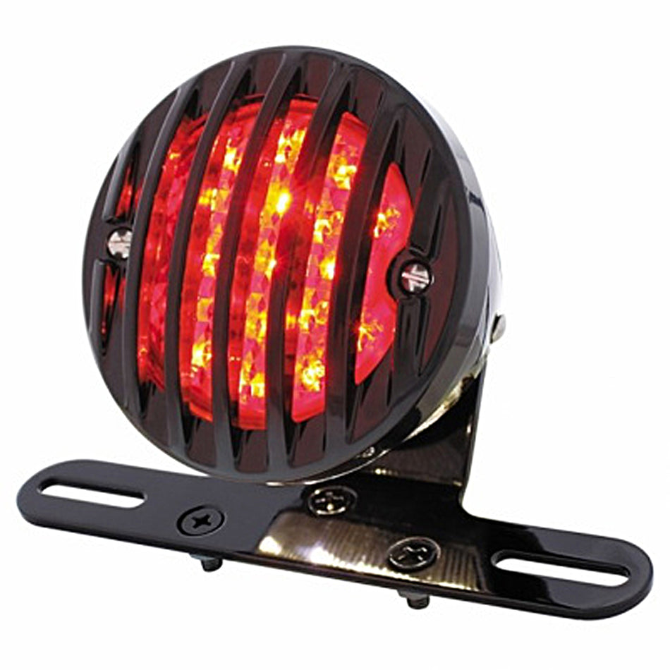 Motorcycle LED Rear Fender Tail Light With Gloss Black Grille Bezel - Red LEDs (Red or Smoked Lens)