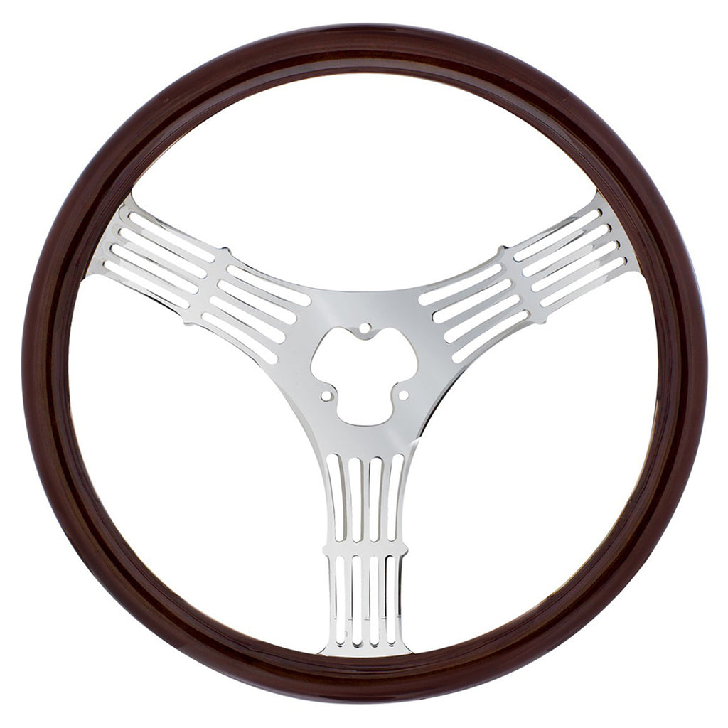 United Pacific - 18" 3-Spoke Stamped Steel Steering Wheel With Wood Grip (Banjo)