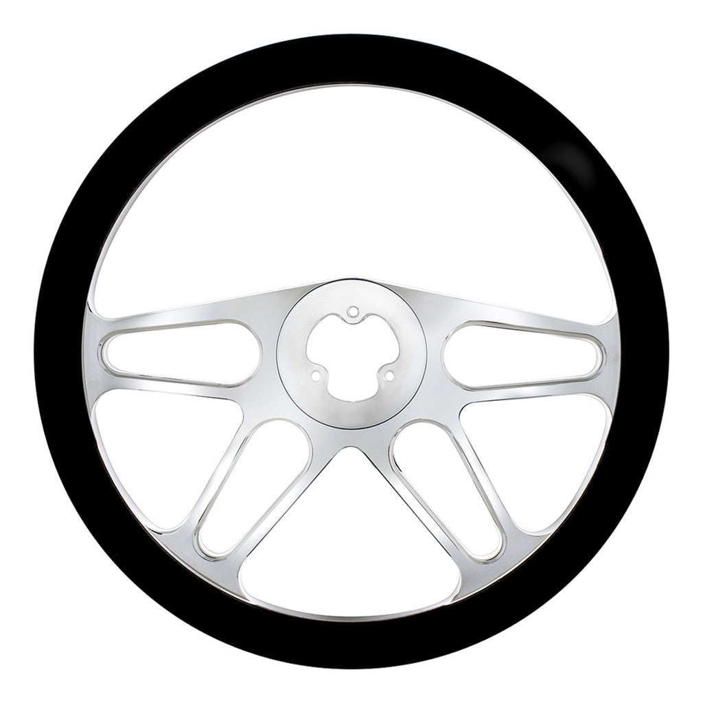 United Pacific - 18" Chrome Aluminum "4-Spoke" Style Steering Wheel With Black Leather Rim