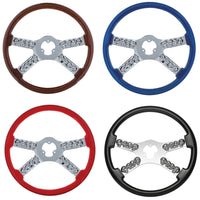 United Pacific - 18" Chrome Steering Wheel With Skull Accent (Wood, Blue, Red or Black)