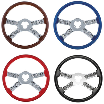 United Pacific - 18" Chrome Steering Wheel With Skull Accent (Wood, Blue, Red or Black)