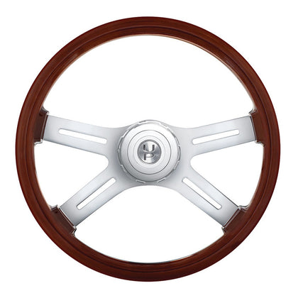 18" 4-Spoke Style Wood Steering Wheel With Hub & Horn Button Kit For Peterbilt (2006+) & Kenworth (2003+)