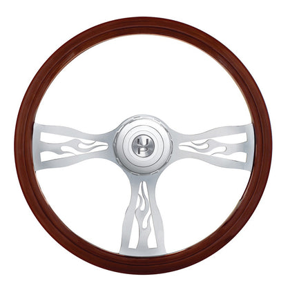 18" Flame Style Wood Steering Wheel With Hub & Horn Button Kit For Peterbilt (2006+) & Kenworth (2003+)