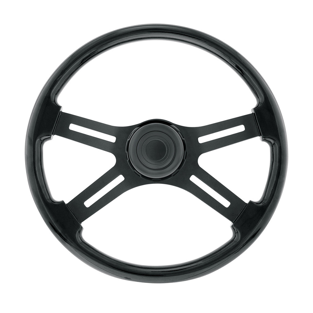 18" 4 Spoke Steering Wheel With Horn Bezel & Button (Gloss Black or Wood Grain)
