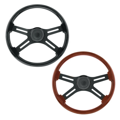 18" 4 Spoke Steering Wheel With Horn Bezel & Button (Gloss Black or Wood Grain)