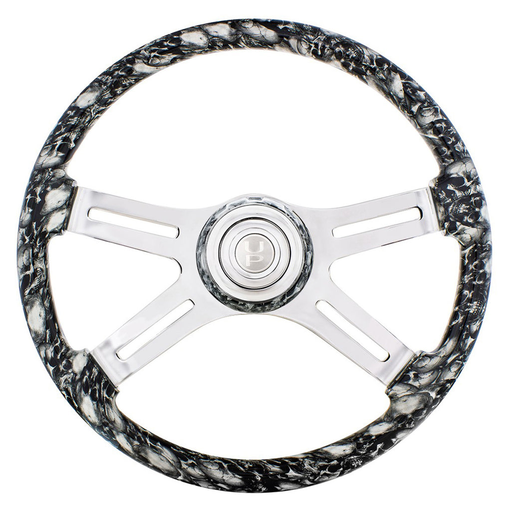 18" 4 Spoke Skull Steering Wheel With Matching Skull Horn Bezel (White, Blue or Red)