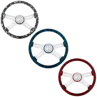 18" 4 Spoke Skull Steering Wheel With Matching Skull Horn Bezel (White, Blue or Red)