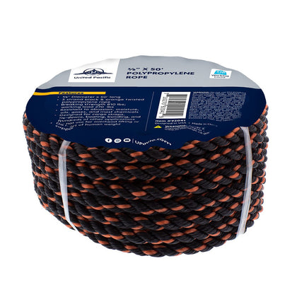 3/8" x 50' 3-Strand Twisted Black & Orange Polypropylene Rope