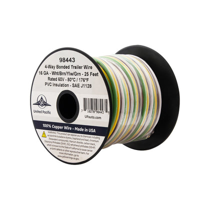 United Pacific - Trailer Wire Bonded - Rated 80 C 16 AWG 4-Way, Wht/Brn/Ylw/Grn 25 Ft.
